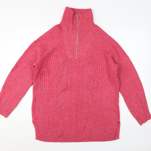 Marks and Spencer Women Pink Cable-Knit Half Zip Jumper Size M