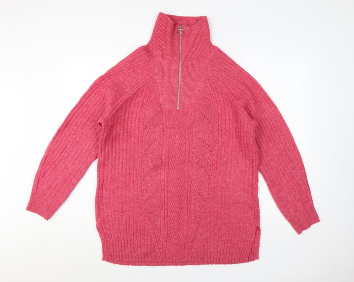 Marks and Spencer Women Pink Cable-Knit Half Zip Jumper Size M