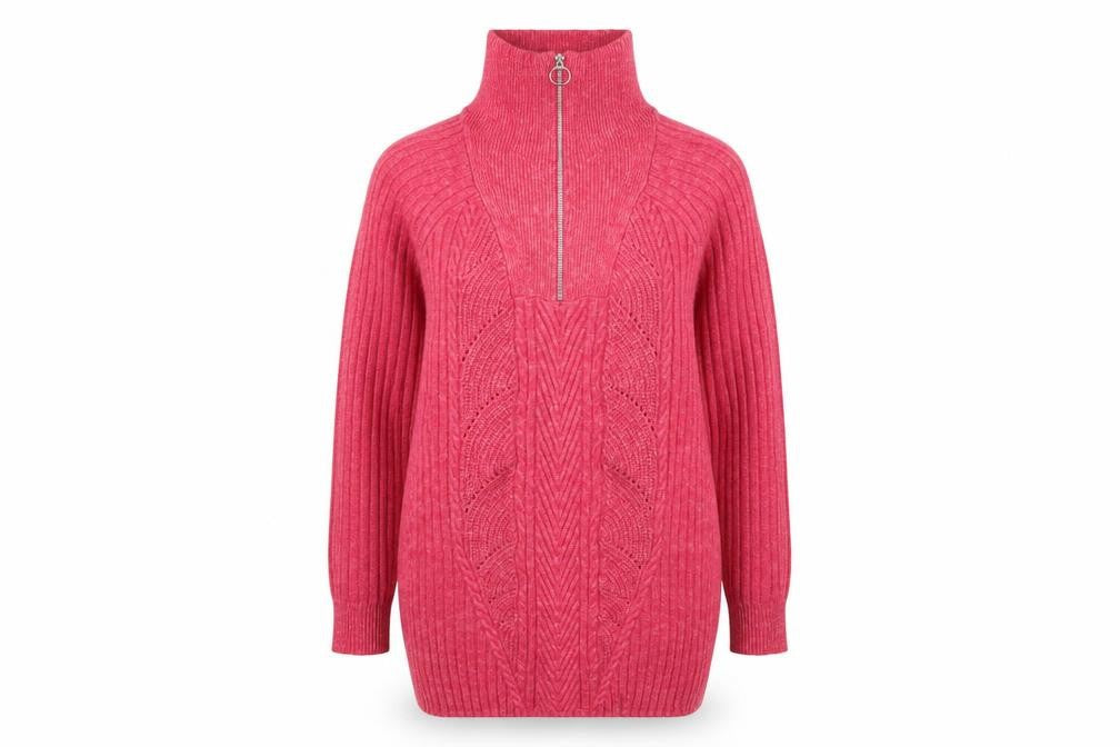 Front view of Marks & Spencer Women Pink Cable-Knit Half Zip Jumper, size M