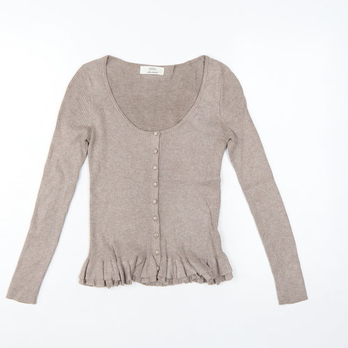Marks and Spencer Women Beige Size 8 Slim Knit Ruffle Cardigan
