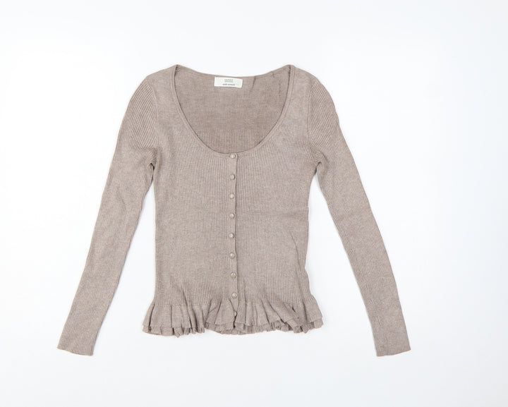 Marks and Spencer Women Beige Size 8 Slim Knit Ruffle Cardigan