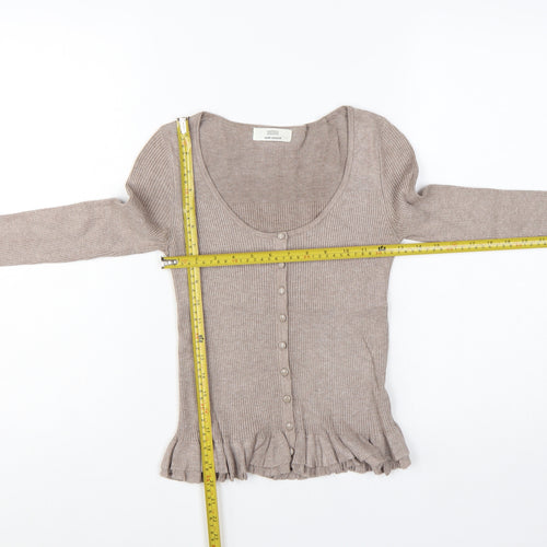 Marks and Spencer Women Beige Size 8 Slim Knit Ruffle Cardigan