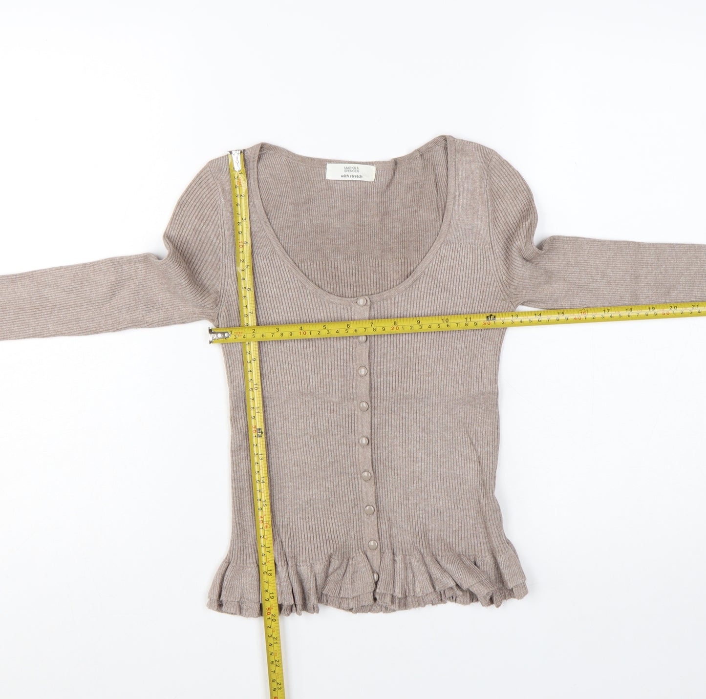 Marks and Spencer Women Beige Size 8 Slim Knit Ruffle Cardigan
