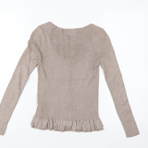 Marks and Spencer Women Beige Size 8 Slim Knit Ruffle Cardigan