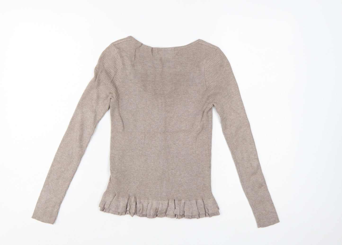 Marks and Spencer Women Beige Size 8 Slim Knit Ruffle Cardigan