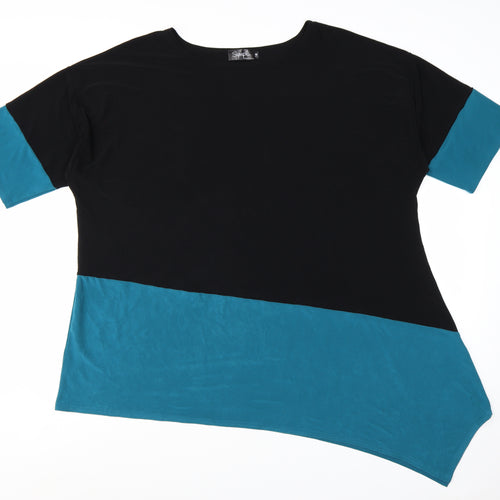 Sympli Women's Black Blue Asymmetrical Colourblock Jersey Top Size 18