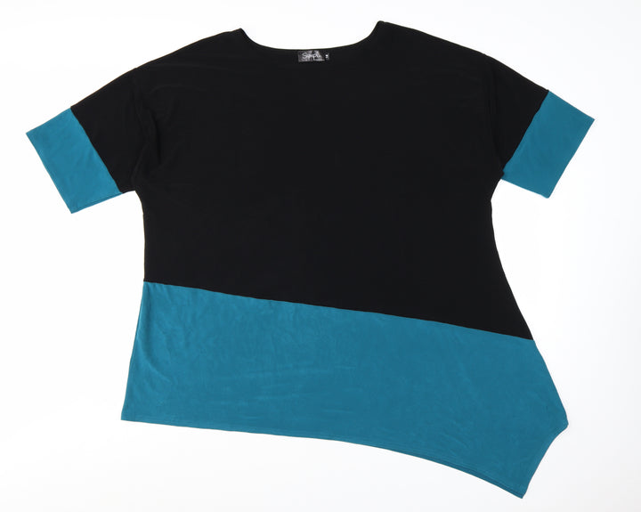 Sympli Women's Black Blue Asymmetrical Colourblock Jersey Top Size 18