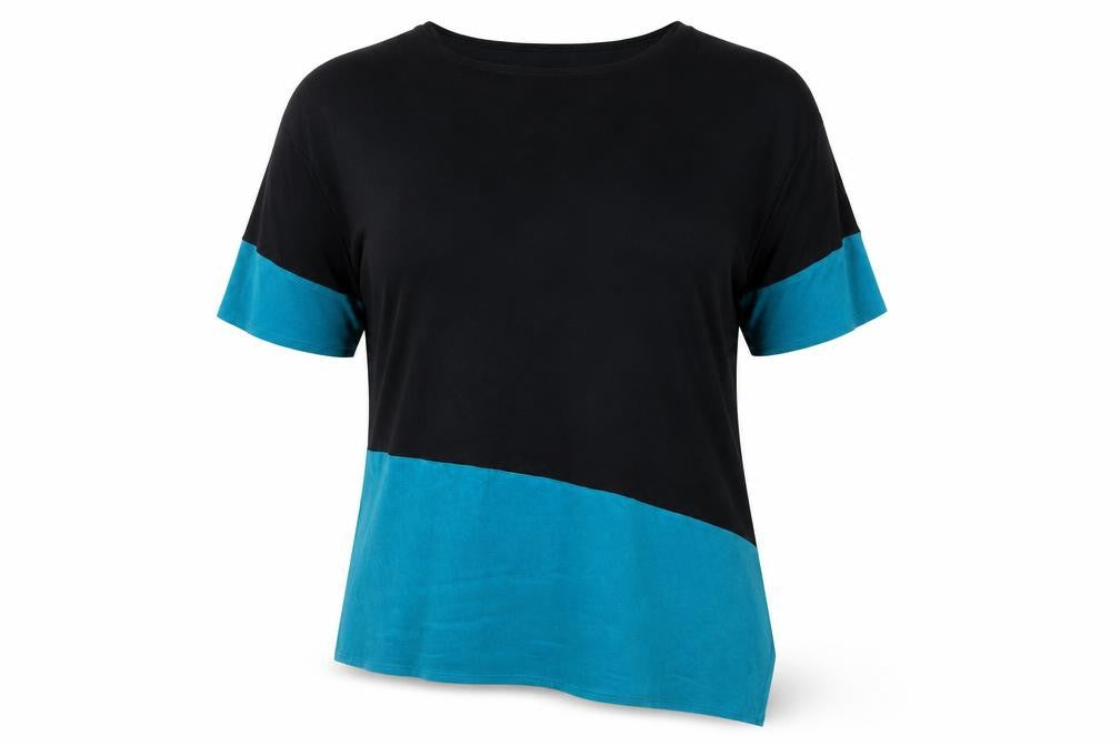 Front view of Sympli Women's Black Blue Asymmetrical Colourblock Jersey Top, size 18