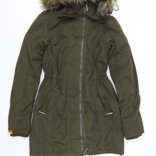 Superdry Womens Green Long Parka Coat S Hooded Faux Fur Trim Winter Jacket