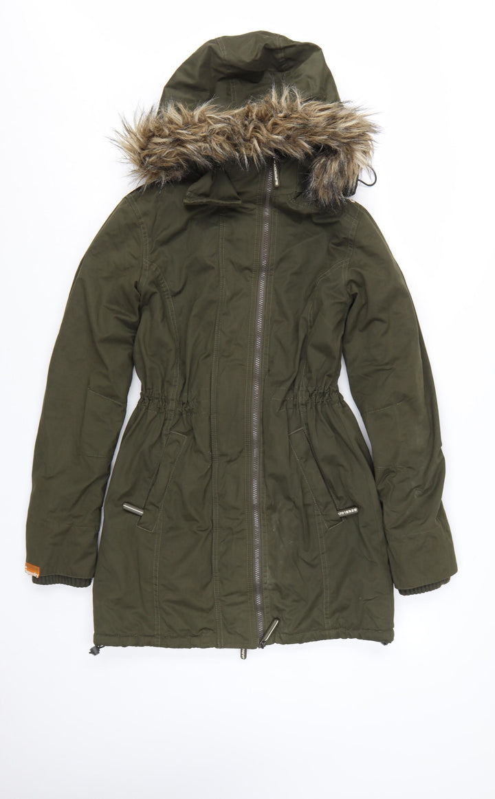 Superdry Womens Green Long Parka Coat S Hooded Faux Fur Trim Winter Jacket