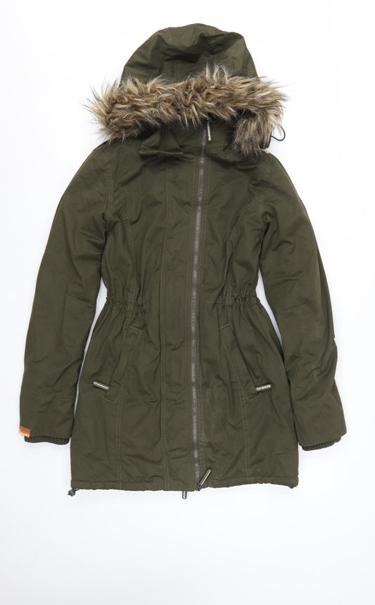 Superdry Womens Green Long Parka Coat S Hooded Faux Fur Trim Winter Jacket