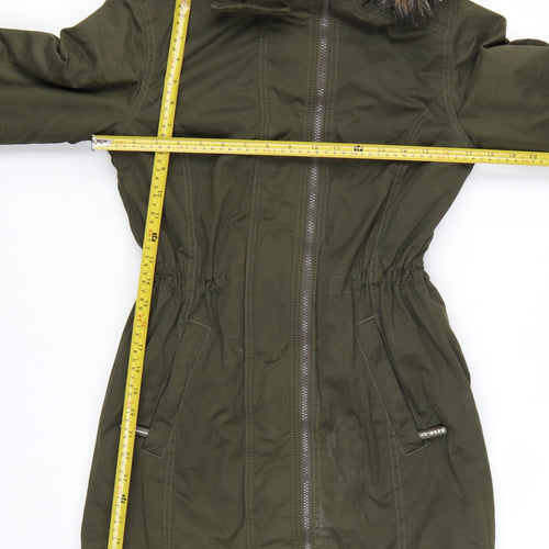 Superdry Womens Green Long Parka Coat S Hooded Faux Fur Trim Winter Jacket