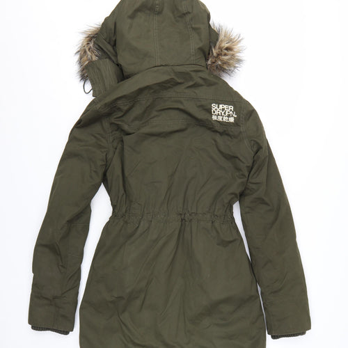 Superdry Womens Green Long Parka Coat S Hooded Faux Fur Trim Winter Jacket