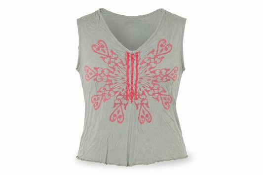 Front view of Falmer Heritage women’s grey floral viscose stretch sleeveless tank top, size UK 10