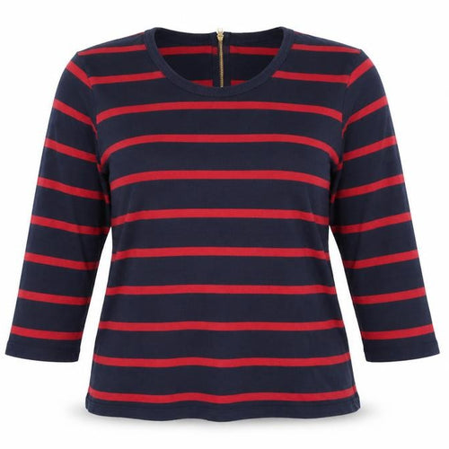 John Lewis Women's Blue Red Striped Cotton 3/4 Sleeve Top Size 16