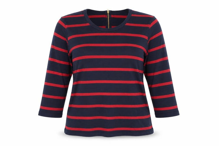 John Lewis Women's Blue Red Striped Cotton 3/4 Sleeve Top Size 16