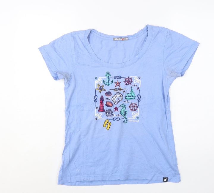 Peter Storm Women's Blue Nautical Embroidered Cotton T-Shirt Size 12