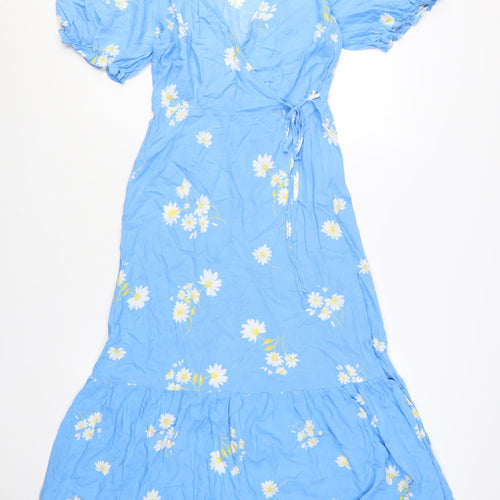 New Look Women Blue Floral V-Neck Midi Wrap Dress Size 8