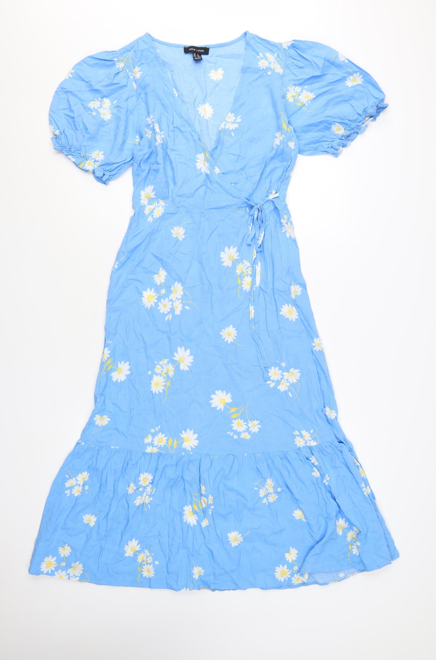 New Look Women Blue Floral V-Neck Midi Wrap Dress Size 8