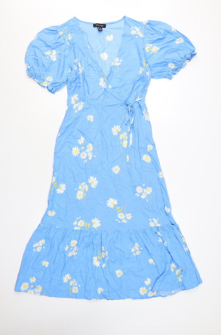 New Look Women Blue Floral V-Neck Midi Wrap Dress Size 8