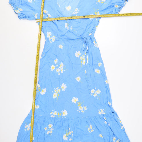 New Look Women Blue Floral V-Neck Midi Wrap Dress Size 8