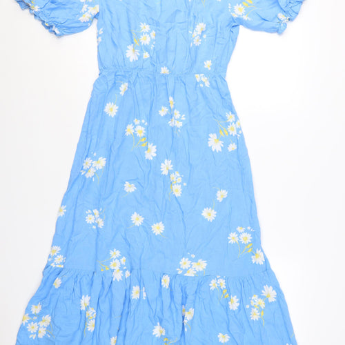 New Look Women Blue Floral V-Neck Midi Wrap Dress Size 8