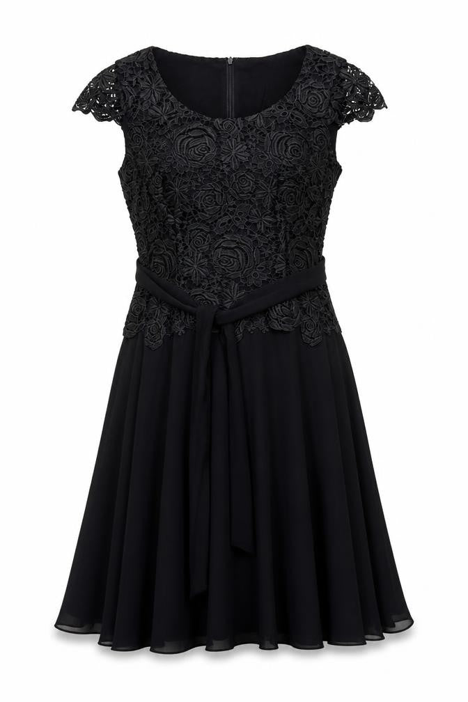 Front view of Jacques Vert Women's Black Lace A-Line Knee Length Dress, size 12