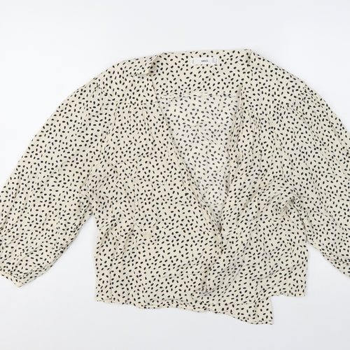 Mango Womens Ivory Polka Dot Wrap Blouse L 3/4 Sleeve V-Neck