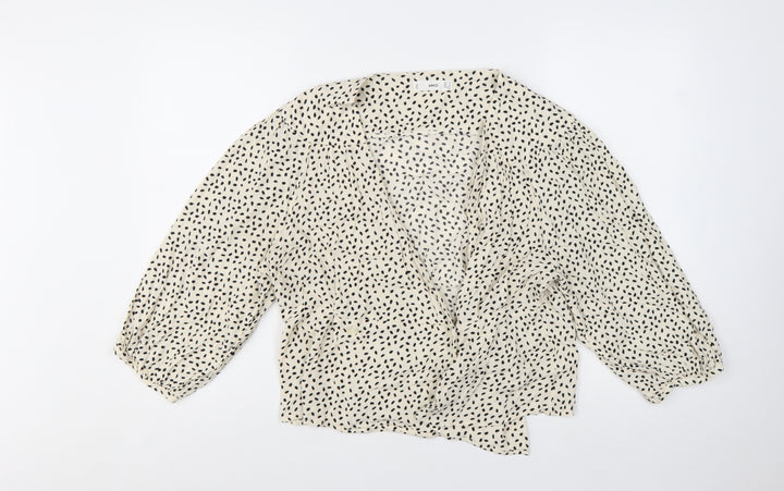 Mango Womens Ivory Polka Dot Wrap Blouse L 3/4 Sleeve V-Neck