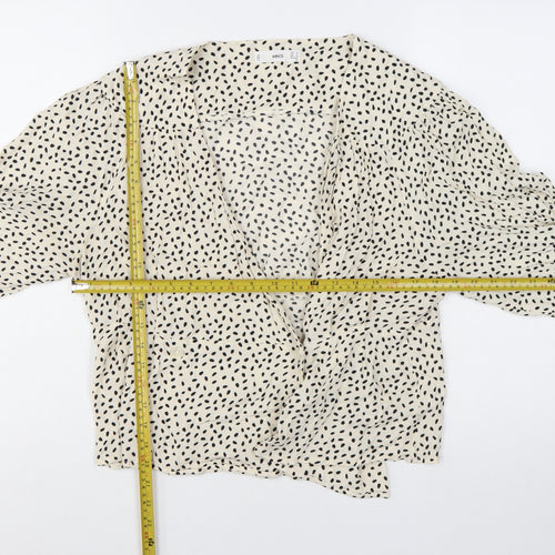 Mango Womens Ivory Polka Dot Wrap Blouse L 3/4 Sleeve V-Neck