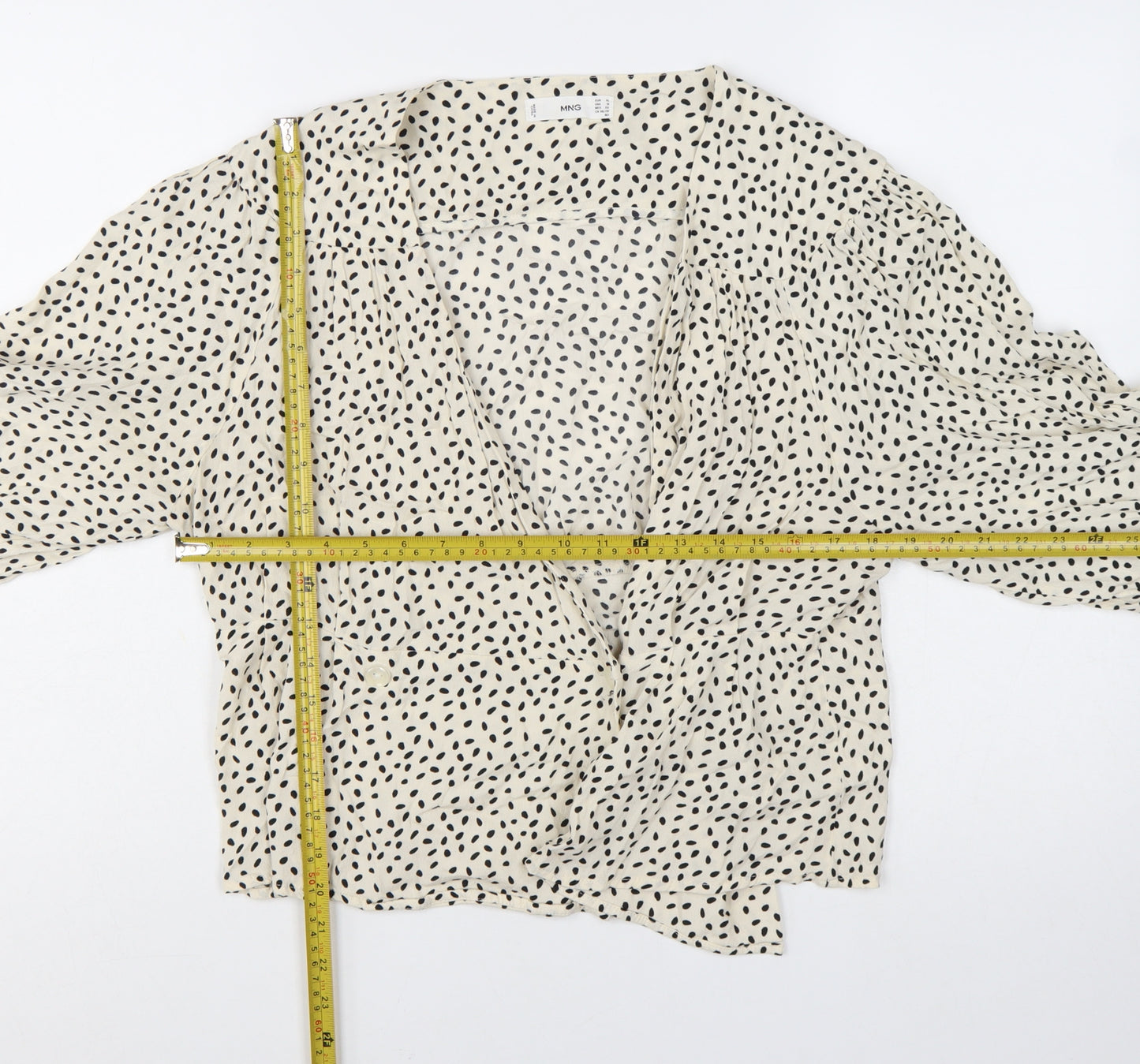 Mango Womens Ivory Polka Dot Wrap Blouse L 3/4 Sleeve V-Neck