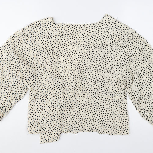 Mango Womens Ivory Polka Dot Wrap Blouse L 3/4 Sleeve V-Neck