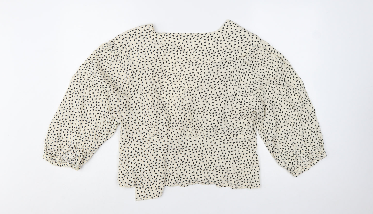 Mango Womens Ivory Polka Dot Wrap Blouse L 3/4 Sleeve V-Neck