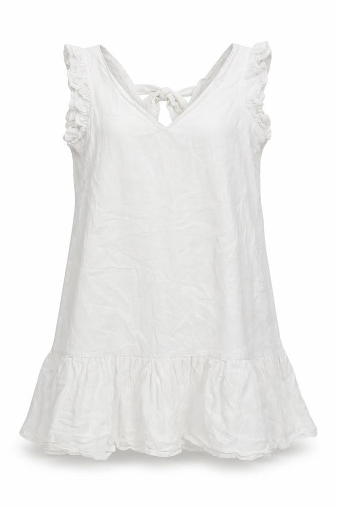 Front view of Next Women White Linen Blend Ruffle Sleeveless Shift Dress, size 10
