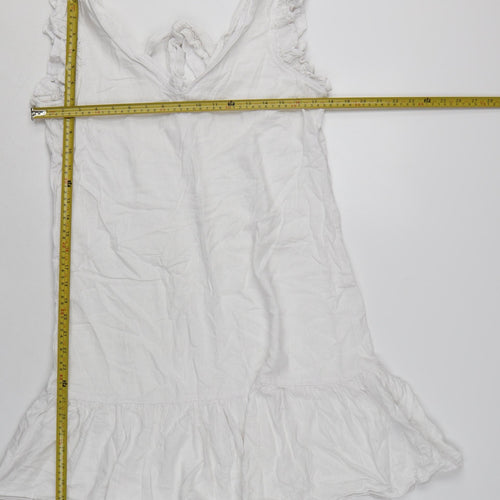 Next Women White Linen Blend Ruffle Sleeveless Shift Dress Size 10