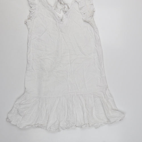 Next Women White Linen Blend Ruffle Sleeveless Shift Dress Size 10