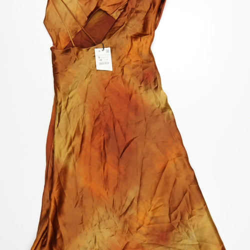 Zara Women Brown Tie Dye Slip Dress Size S Midi Cowl Neck Summer Party