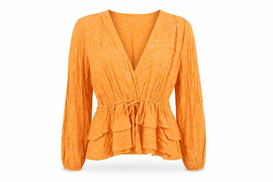 Front view of SELECTED FEMME Women’s Orange Floral Wrap Blouse, size UK 12, Viscose