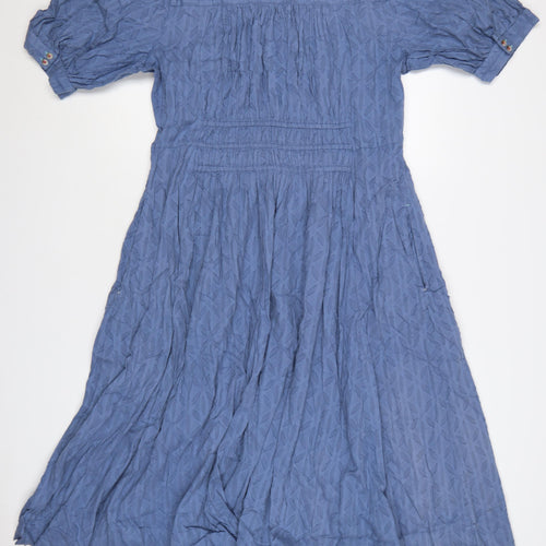 White Stuff Women Blue Size 16 A-Line Cotton Short Sleeve Knee Length Dress