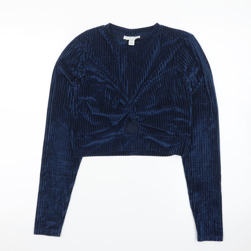 Topshop Women's Blue Velvet Cropped Long Sleeve Blouse UK 12
