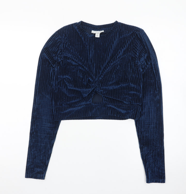 Topshop Women's Blue Velvet Cropped Long Sleeve Blouse UK 12