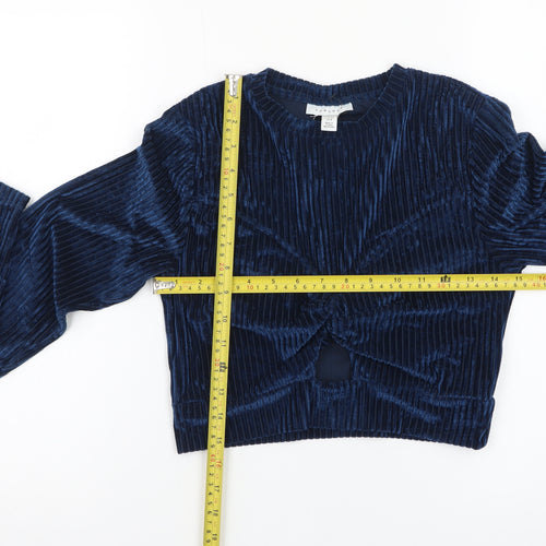 Topshop Women's Blue Velvet Cropped Long Sleeve Blouse UK 12