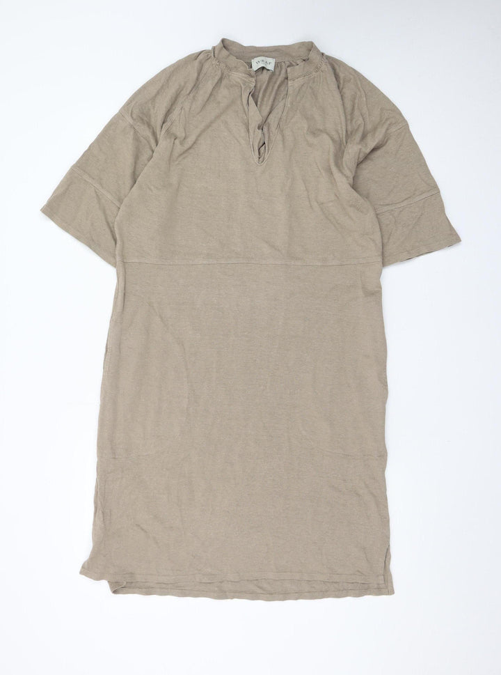Wrap London Women Beige Midi Shift Dress UK 12 Hemp Cotton Summer