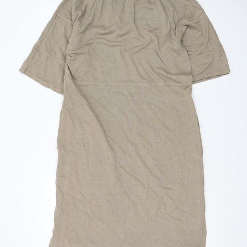 Wrap London Women Beige Midi Shift Dress UK 12 Hemp Cotton Summer