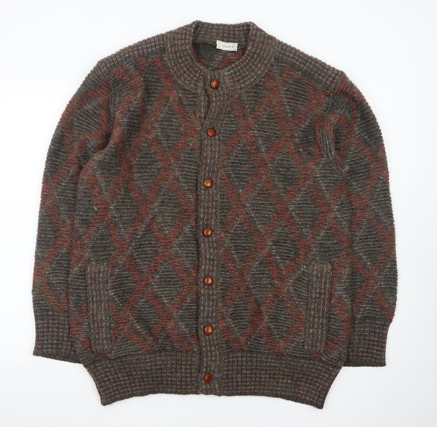 Dama Men's Brown Wool Argyle Cardigan Jumper Size M Vintage Italian Knit