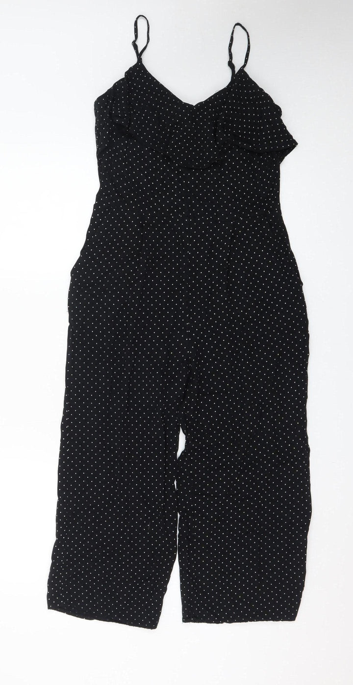 Oasis Women’s Black Polka Dot Ruffle Sleeveless Jumpsuit Size 8