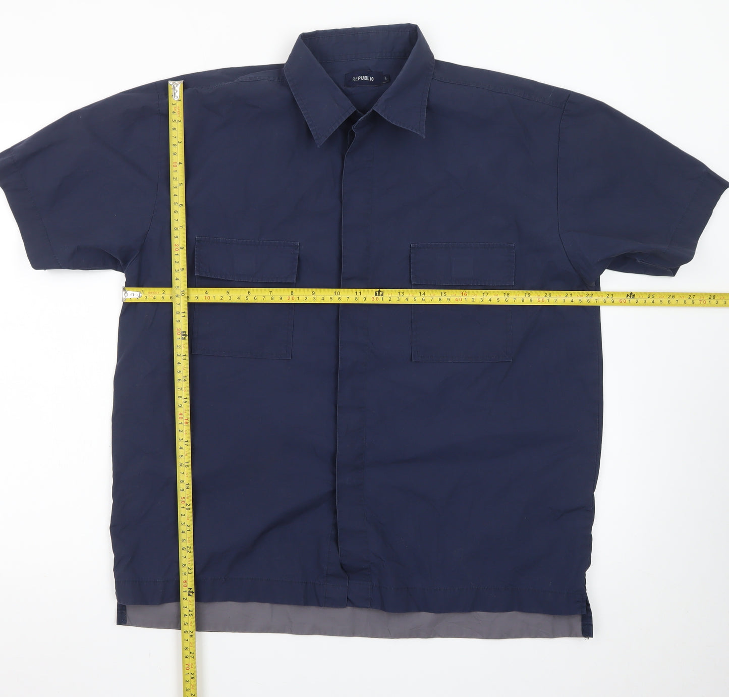 Republic Men's Blue Short Sleeve Cotton Button-Up Shirt L
