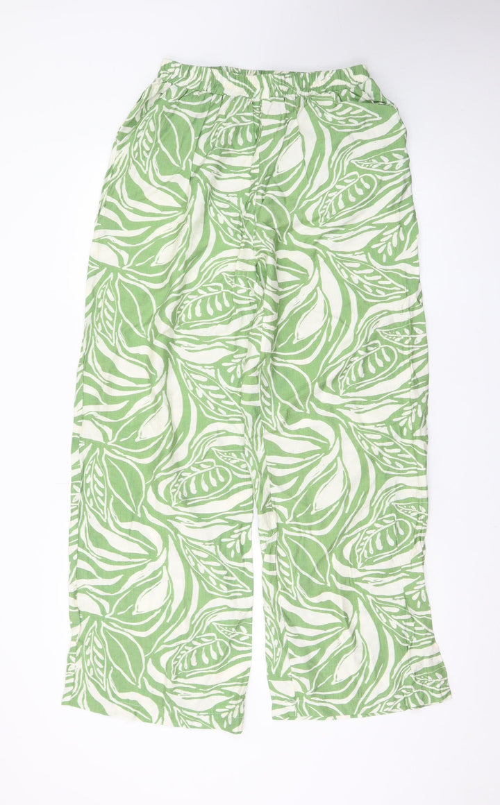 Flamant Rose Womens Green Leaf Print Wide-Leg Linen Trousers Size L