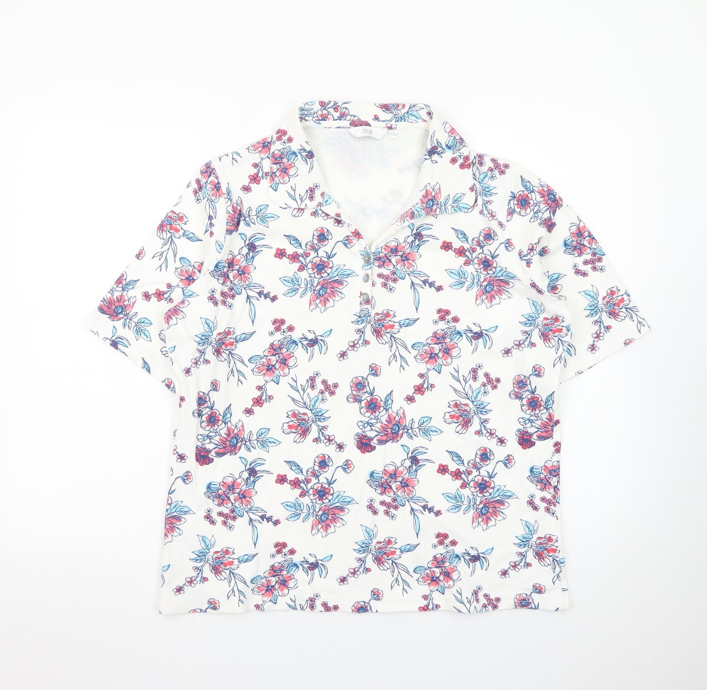 ISLE Womens Multicoloured Floral Collared Polo Shirt Size L 18-20