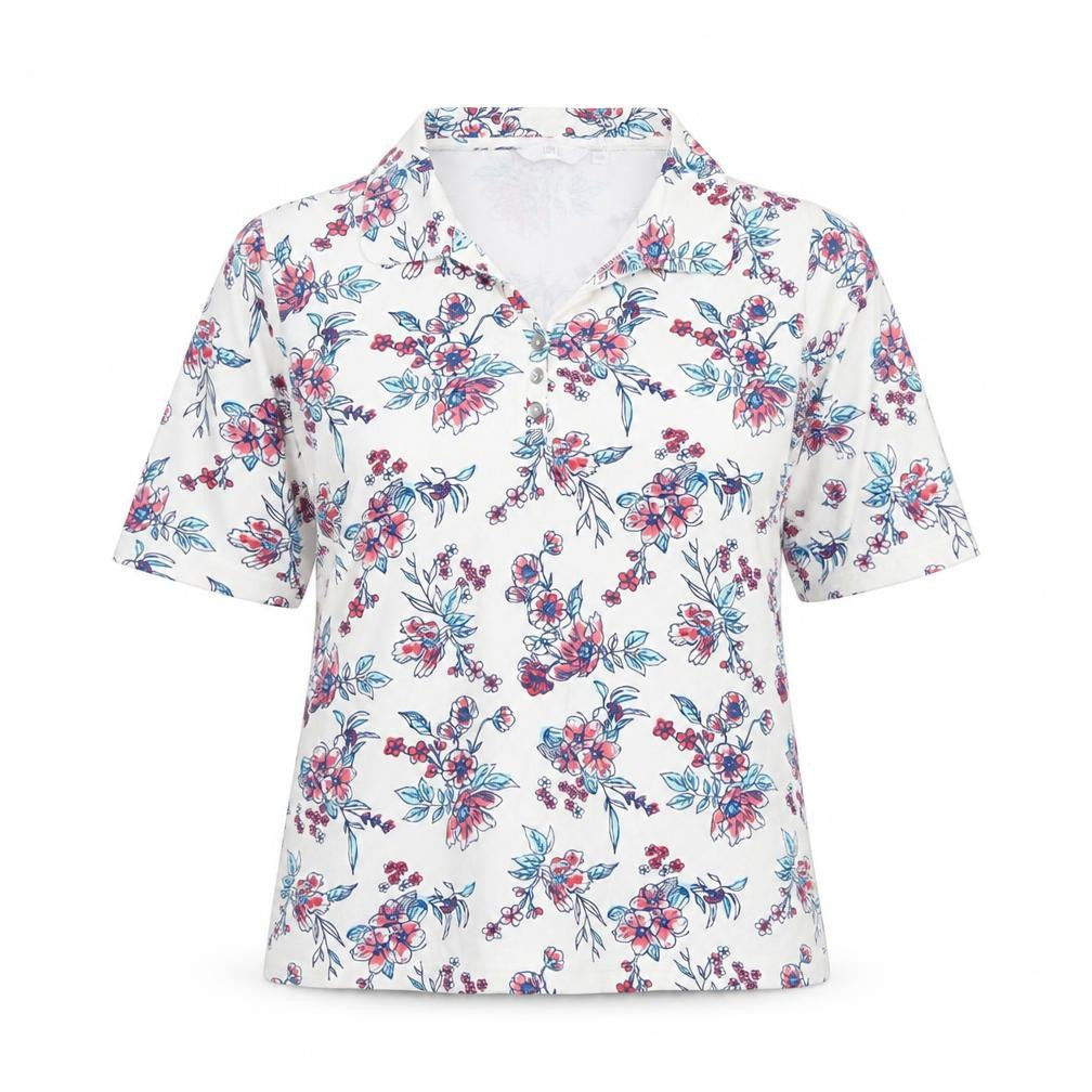 Front view of ISLE women’s multicoloured floral collared polo shirt, size L, 18-20